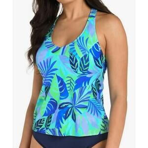Women's Blue Tropical Leaves Crisscross Scoop Neck Sleeveless Tankini Top